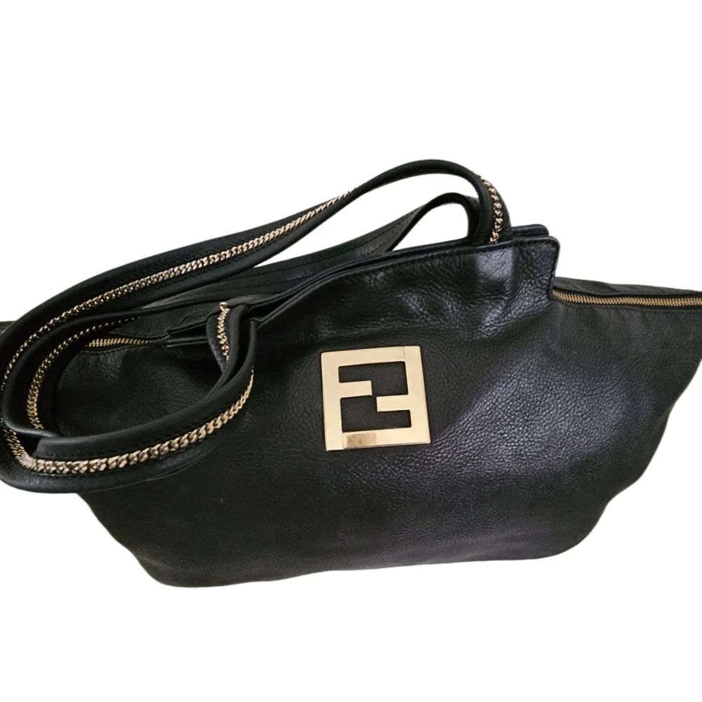 Authentic Extra Large Fendi Black Metallic Nubuck Leather Chain Shoulder Bag - Picture 3 of 16